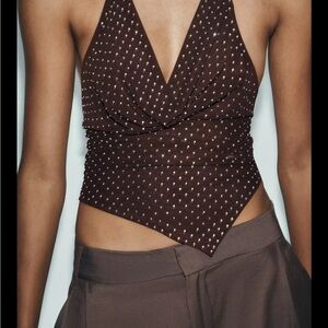 Zara Chocolate Brown Halter Crop Top with Metallic Dots